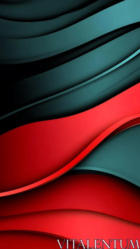 Layered crimson and teal waves with sculpted gradient depth.