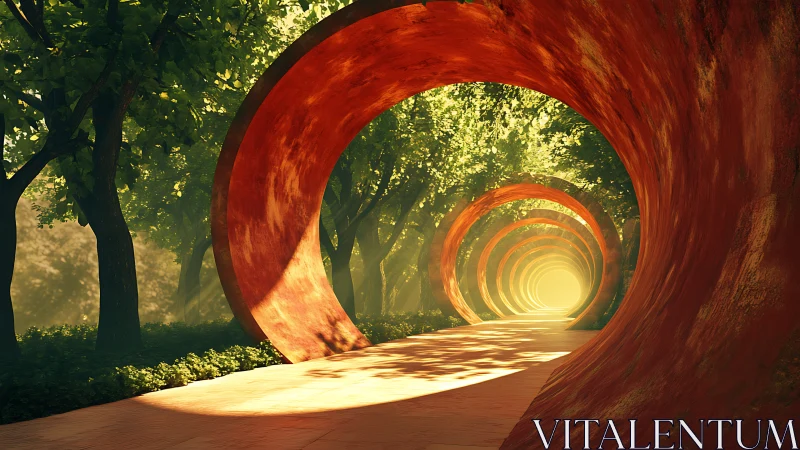 Sunlit forest tunnel of glowing orange rings inviting wonder.