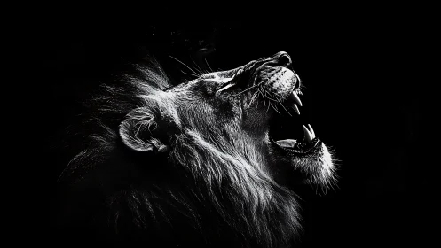 High contrast monochrome lion roar portrait on black field