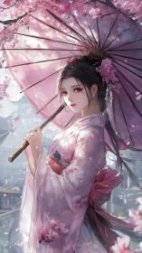 Elegant kimono figure under parasol amid soft sakura bloom