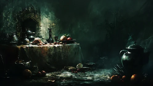 Dark baroque feast table under moody chiaroscuro light.