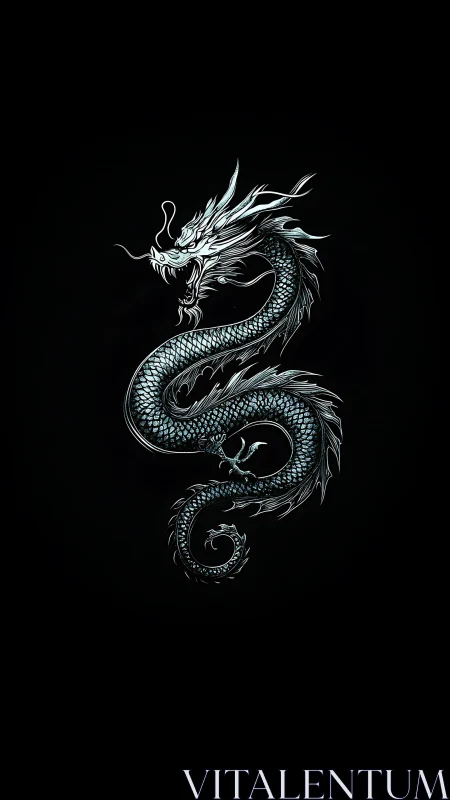 Coiled serpentine dragon illustration on black background.