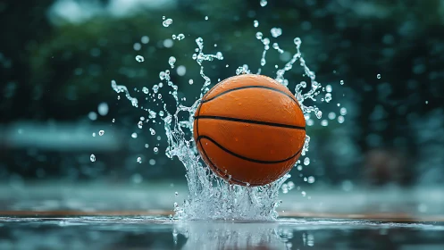 Rain-slicked basketball erupts through silver splashes of motion.