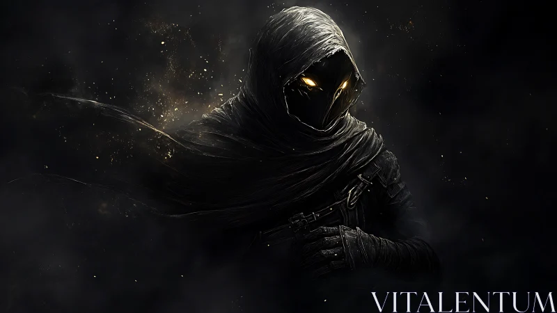 Hooded shadow figure with glowing eyes in dark void.