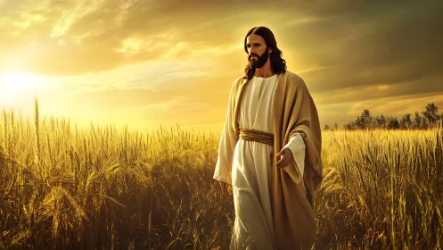 Serene robed figure walking through sunlit golden wheat field.