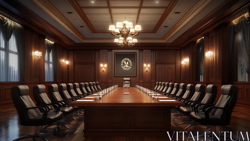 Luxurious wood paneled boardroom shows long table and chairs