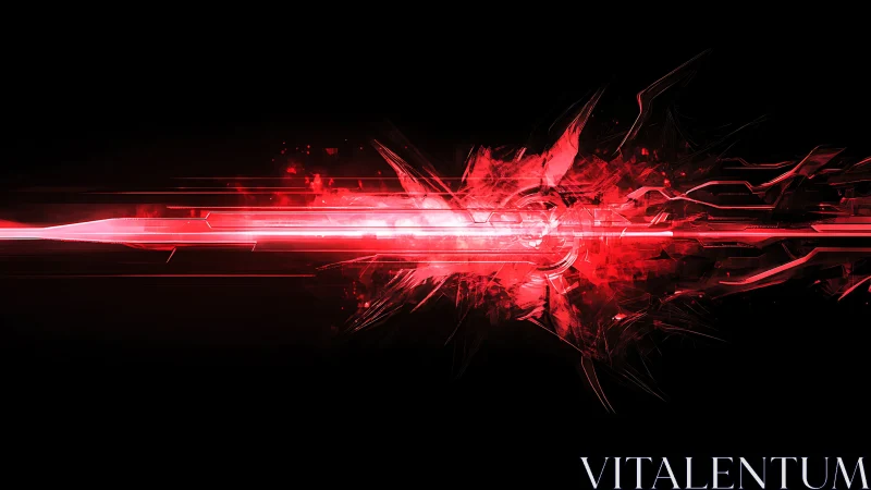 Horizontal red energy beam with abstract digital shards.