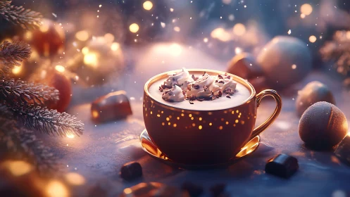 Golden mug of festive hot chocolate glows in winter light.