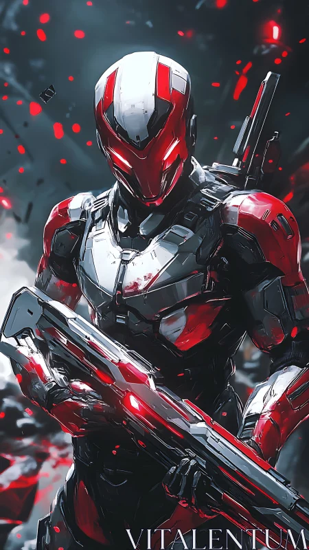 Ballistic exosuit marksman with red-white tactical armor system.