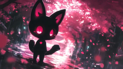 Silhouette cat figure under neon pink rainy street canopy.