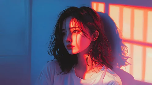 Neon window shadows paint quiet thoughts across her gaze