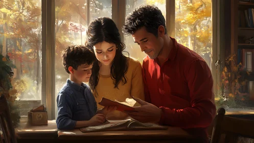 Cozy autumn afternoon gathers a family around one shared book