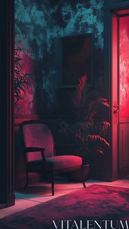 Velvet armchair in neon doorway glow, moody interior stillness.