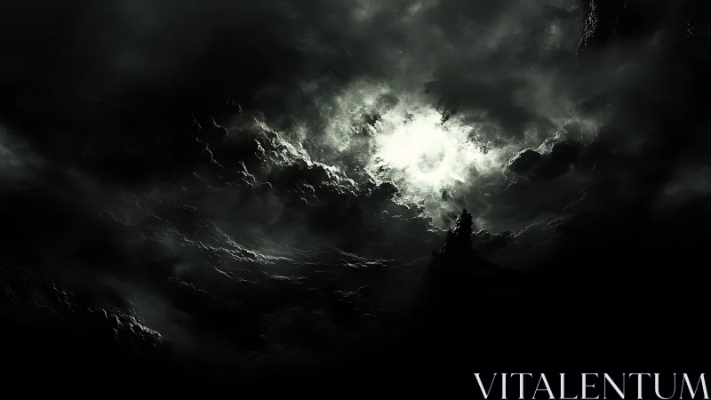 Nocturnal vortex sky engulfs silhouetted spire in chiaroscuro