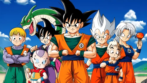 Anime warriors stand united under bright desert sky.