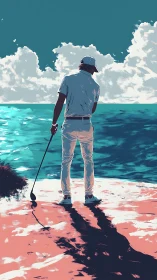 Sunlit seaside golfer pausing at the edge of the course.