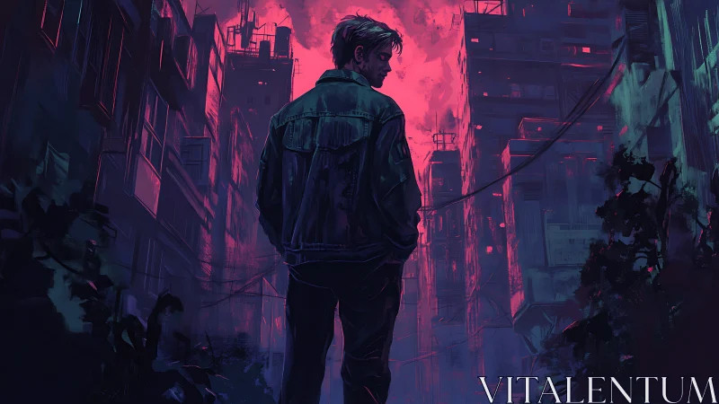 Neon-drenched alleyway with lone figure in cyberpunk chiaroscuro.