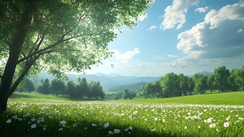 Tree lined meadow with distant mountains under daylight sky.