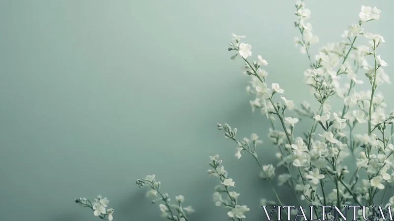 Delicate white flowers blooming against soft mint green background