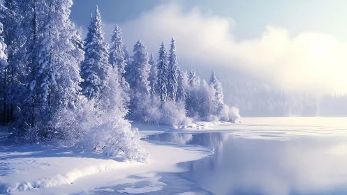 Snow laden conifer forest bordering partially frozen lake at dawn