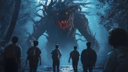 Giant tree-like forest monster confronts group of kids
