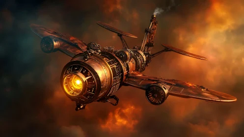 Steampunk-inspired mechanical aircraft traverses dense orange clouds