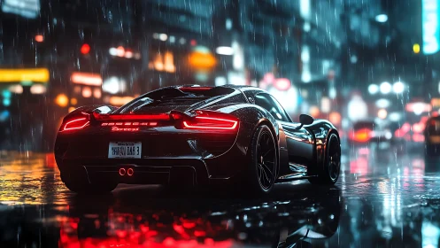 Porsche supercar in neon city rain with vivid reflections.