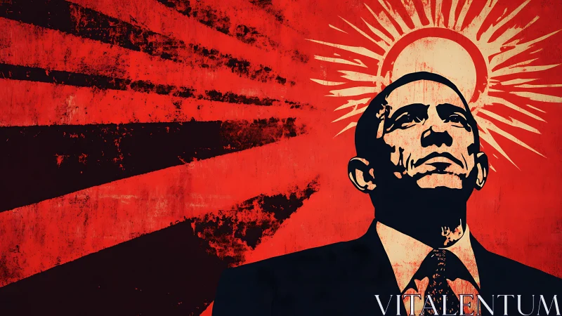 Graphic portrait with radiating sunburst and distressed red field.