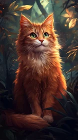 Golden longhaired cat sits in glowing forest under foliage
