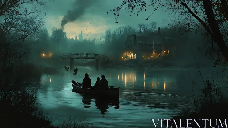 Nocturnal river crossing frames foglit cottage and distant spires