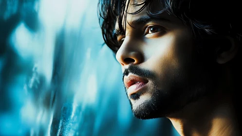 Close-up digital portrait of pensive bearded young man.