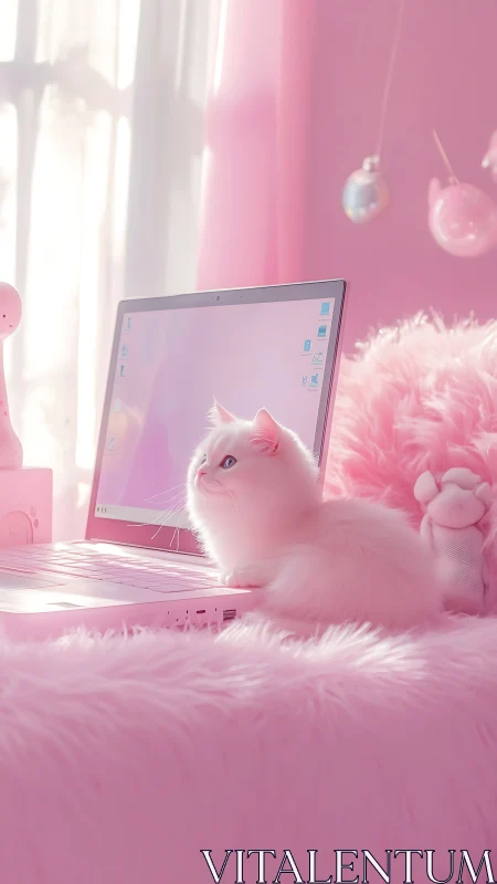 White Cat in Pink Room with Computer Monitor