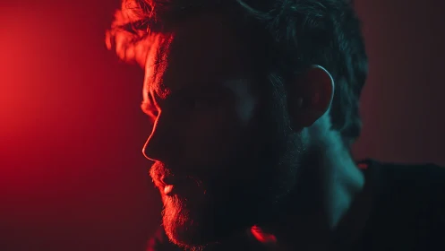 Male profile portrait in dramatic red teal low key lighting