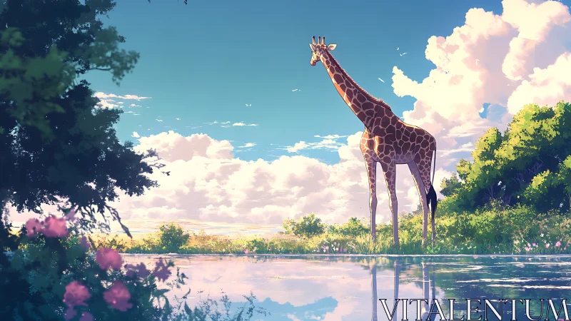 Tall giraffe under volumetric clouds near reflective lakeside