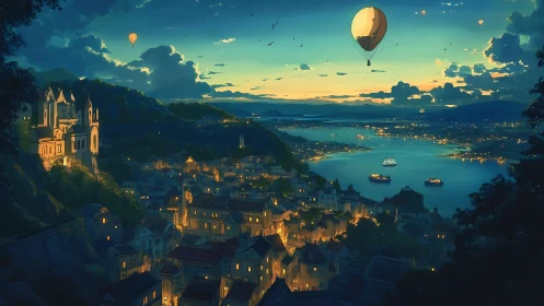 Coastal hillside town glows at dusk as hot air balloons drift