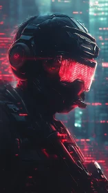 Neon lit cyber soldier waits in a glowing futuristic skyline