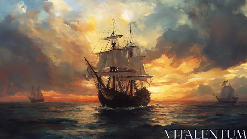 Sunlit three-masted sailing ship rendered with dynamic brushwork