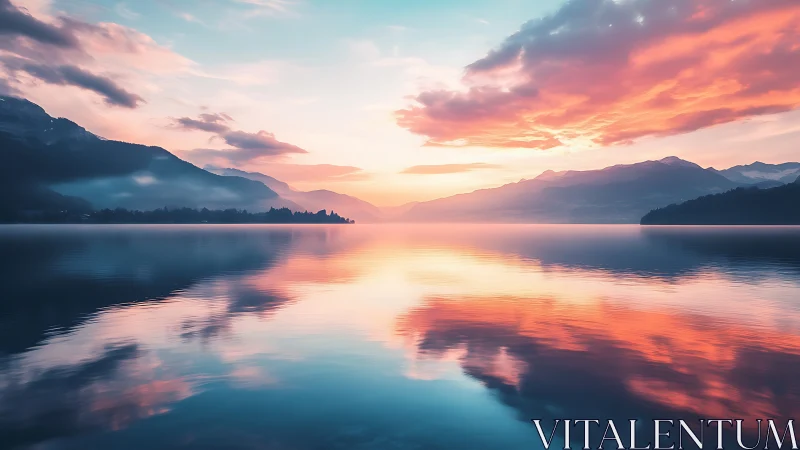 Serene mountain lake mirrors a vivid pastel sunset sky
