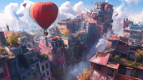 Sky-borne heart balloon drifting above dreamy rooftop city.