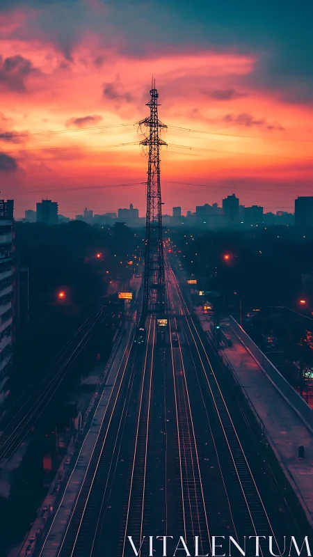 Sunset city rails converge beneath glowing transmission tower