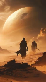 Desert wanderers under colossal planet in storm light.