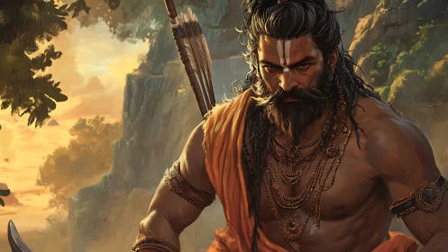 Warrior ascetic in sunset canyon with ornate jewelry focus.