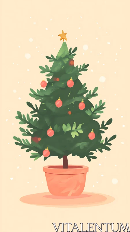 Cozy potted Christmas tree with soft ornaments and star.