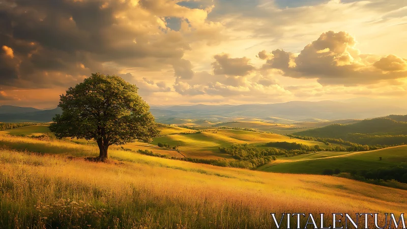 Lone deciduous tree under stratified sunset cloud dynamics.