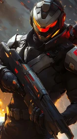 Armored cybernetic operative holds rifle amid explosive embers