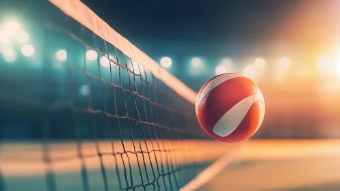 Evening volleyball rally caught in a glowing midair moment.