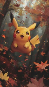 Pikachu floats through dense autumn forest with swirling leaves