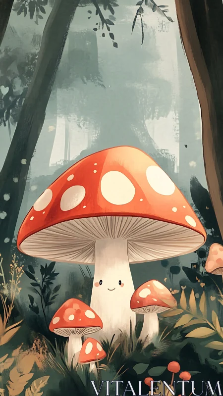 Gentle forest mushroom family sharing a soft secret glow.