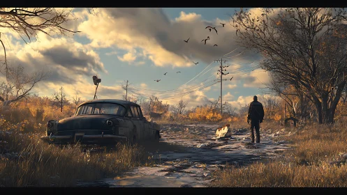 Lone figure walking past abandoned car at sunset road.