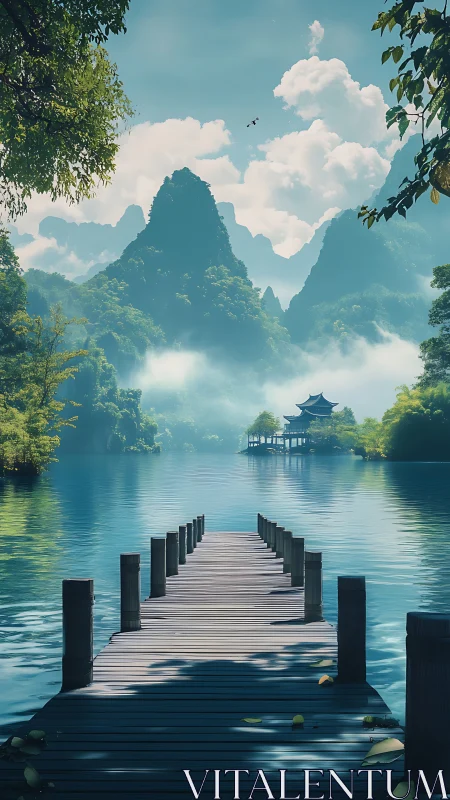 Quiet wooden pier walks into mist-wrapped jade mountains